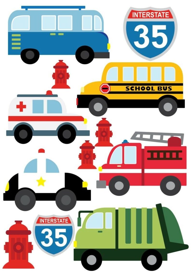 Cars School Bus Fire Truck Police Car Vehicles Childrens Nursery Wall Stickers